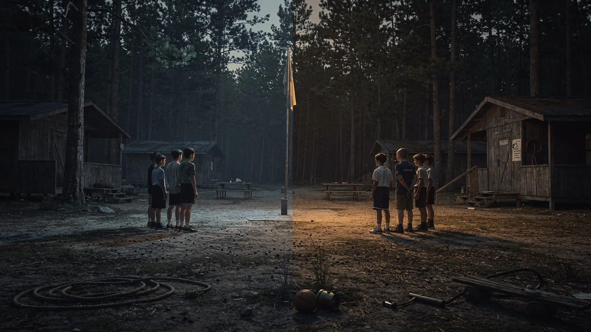 Dos grupos de niños separados en un campamento, representación conceptual del experimento de Robbers Cave.