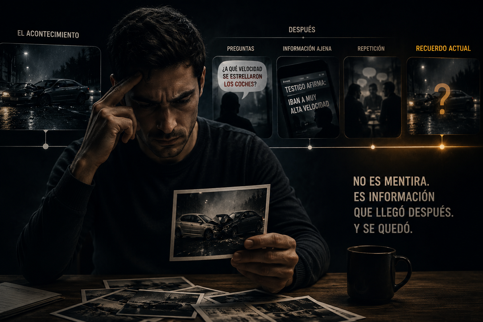 Persona observando una fotografía de un accidente mientras distintas fuentes de información posteriores alteran la reconstrucción del recuerdo.