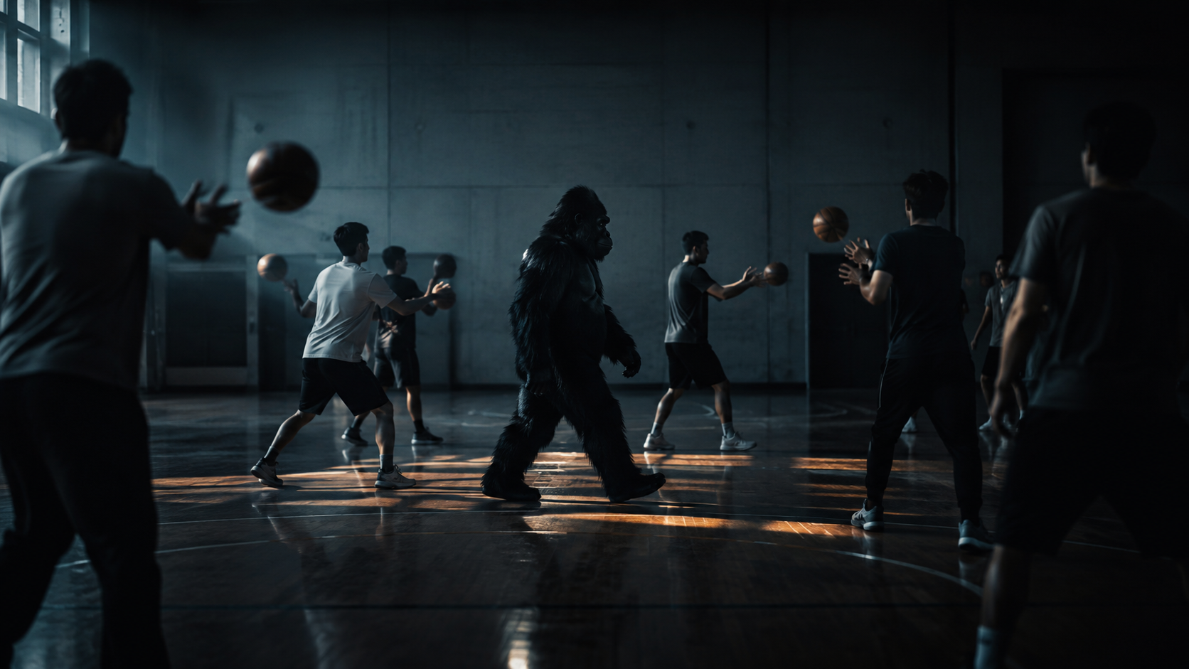 Persona disfrazada de gorila atravesando una cancha de baloncesto mientras varios jugadores se pasan el balón sin prestarle atención.