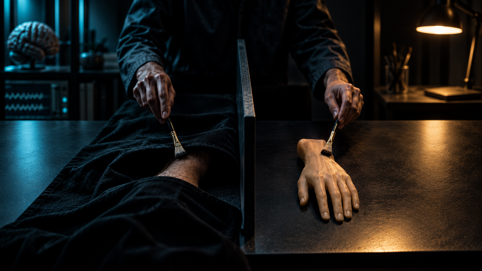 Mano de goma sobre una mesa mientras un investigador estimula de forma sincronizada la mano real oculta y la mano artificial durante un experimento de percepción corporal.