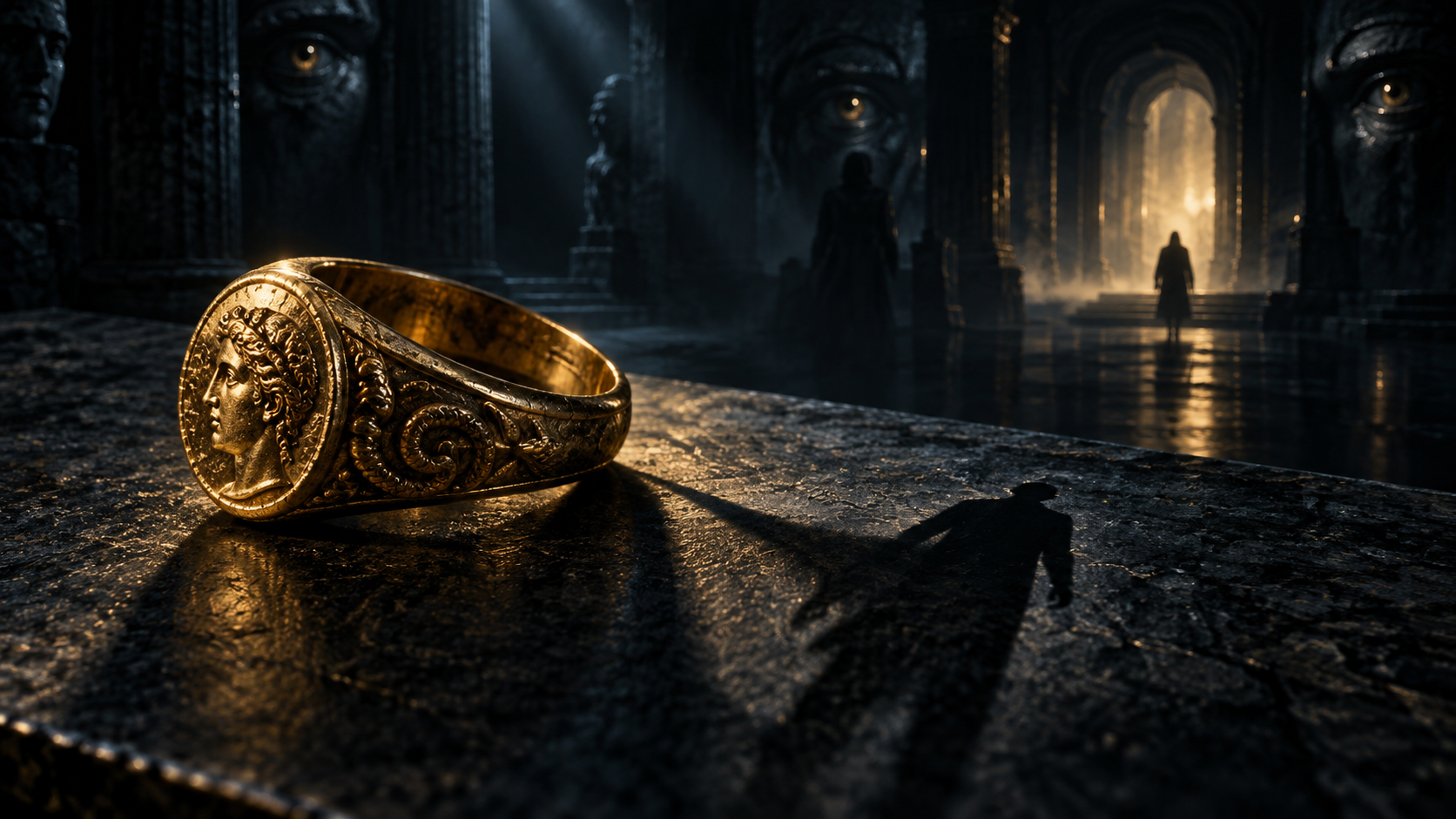 Anillo dorado sobre una superficie de piedra oscura, con una figura humana en sombras al fondo y grandes ojos observando desde la arquitectura, como símbolo de invisibilidad, vigilancia y conducta moral.